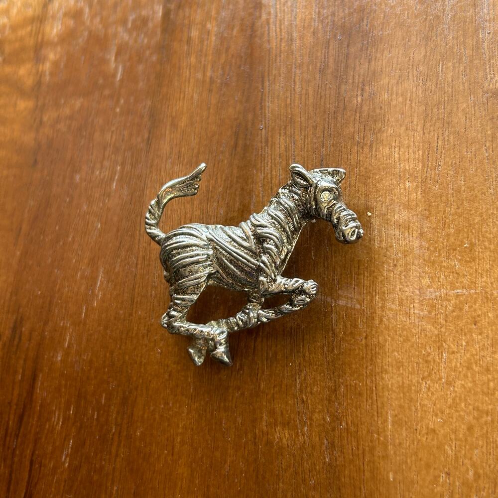Vintage Running Zebra Brooch | Silver Tone Textured Animal Pin | Rhinestone Eye